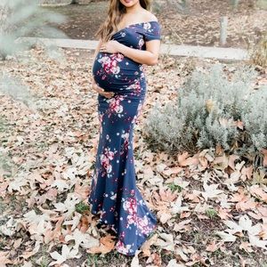 Maternity photo shoot floral off shoulder dress